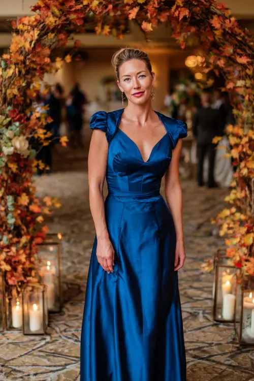 Mature woman in a royal blue midi-length gown with structured waistline and cap sleeves, standing in front of a fall-themed ceremony arch with leaves and candles 