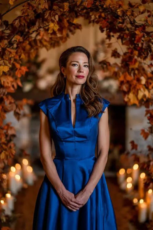 Mature woman in a royal blue midi-length gown with structured waistline and cap sleeves, standing in front of a fall-themed ceremony arch with leaves and candles