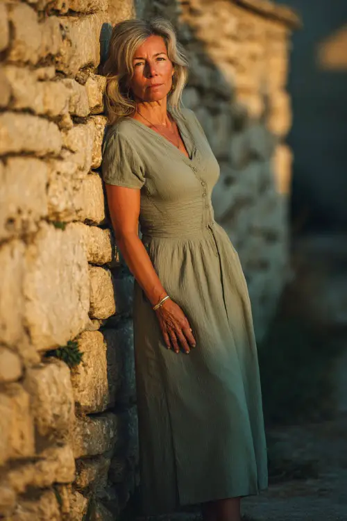 Mature woman in a sage green A-line dress with short sleeves and subtle pleats, standing beside a stone wall under golden light, full body visible 