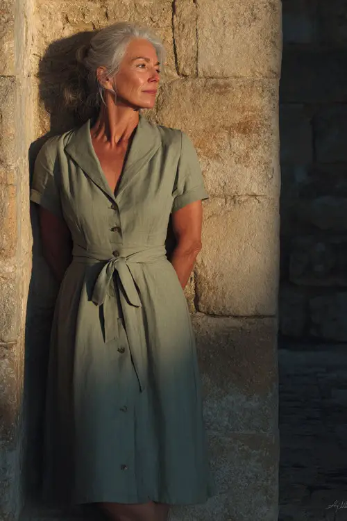 Mature woman in a sage green A-line dress with short sleeves and subtle pleats, standing beside a stone wall under golden light, full body visible