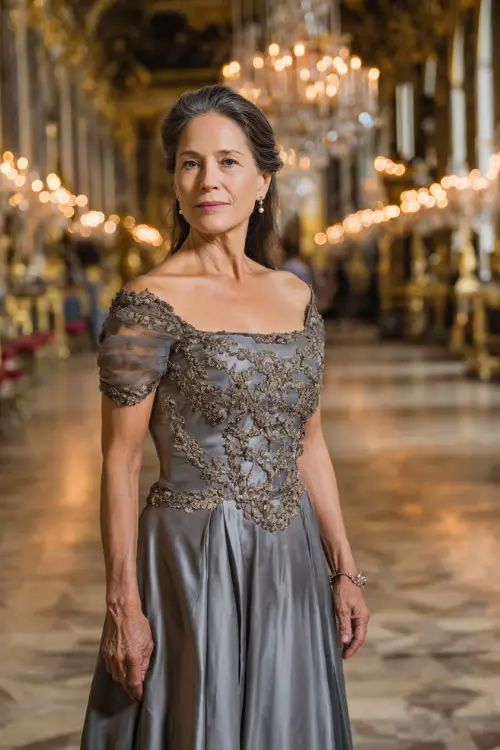 Mature woman in a silver-gray gown with embroidered bodice and sheer overlay sleeves, posing inside a grand hall with chandeliers and golden decor 