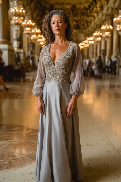 Mature woman in a silver-gray gown with embroidered bodice and sheer overlay sleeves, posing inside a grand hall with chandeliers and golden decor