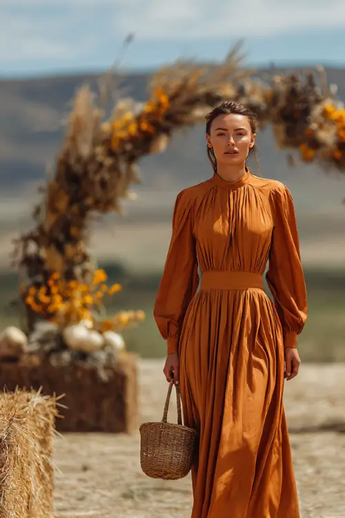 Mature woman in a warm caramel-colored midi dress with long sleeves and pleated front, walking through a countryside ceremony site with harvest decor 