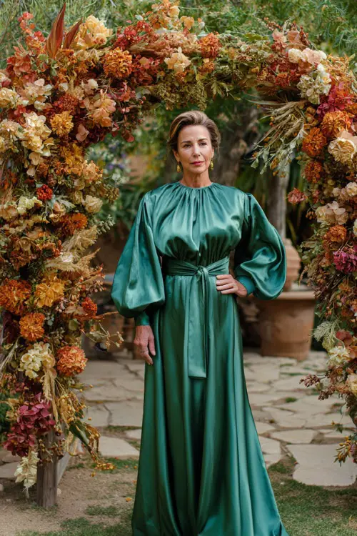 Mature woman in an emerald green satin gown with bishop sleeves and a slight train, standing beneath a floral wedding arch with autumn tones