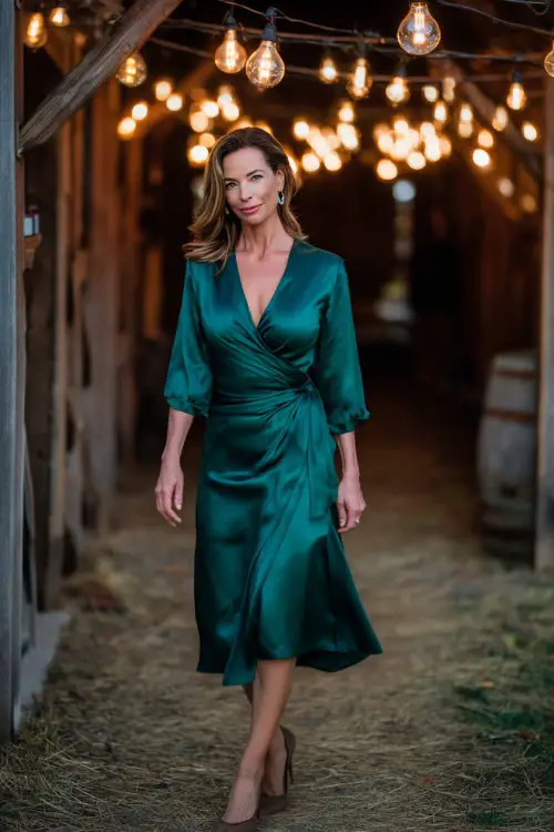 Mature woman in an emerald green tea-length satin dress with elbow-length sleeves and soft drape, walking under hanging lights with a fall barn backdrop 