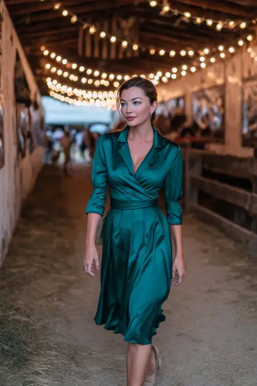 Mature woman in an emerald green tea-length satin dress with elbow-length sleeves and soft drape, walking under hanging lights with a fall barn backdrop