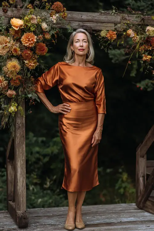 Mature woman wearing a copper satin midi dress with boat neckline and three-quarter sleeves, posing beside a wooden ceremony arch with early fall florals 