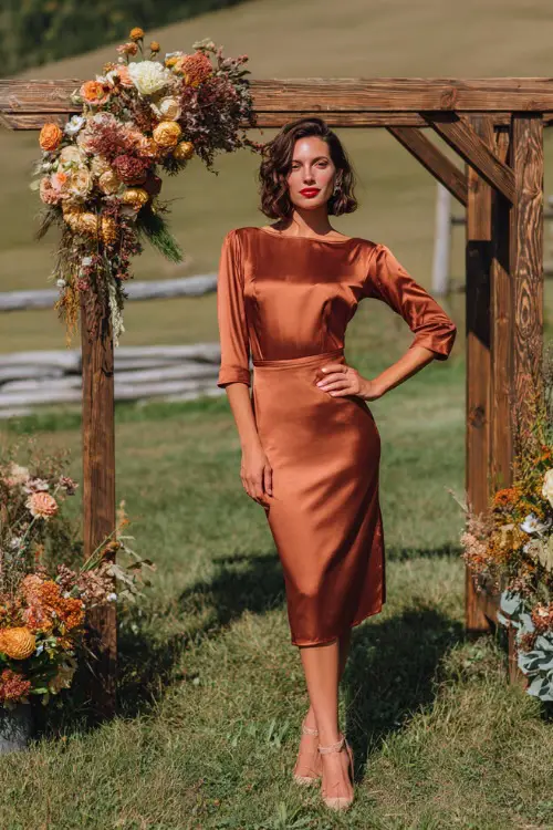 Mature woman wearing a copper satin midi dress with boat neckline and three-quarter sleeves, posing beside a wooden ceremony arch with early fall florals