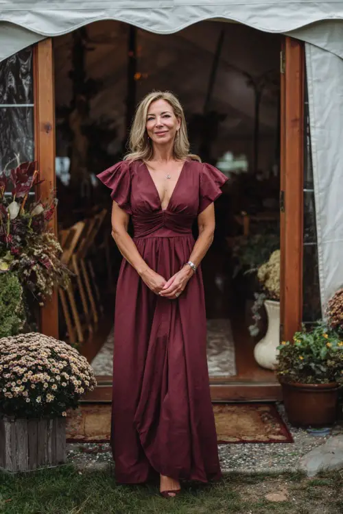 Mature woman wearing a deep rose A-line dress with modest neckline and flutter sleeves, standing at the entrance of a wedding tent surrounded by early fall decor 