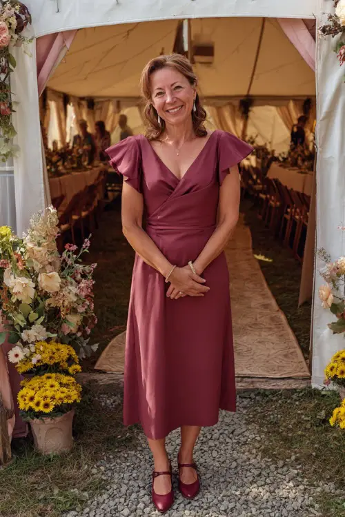 Mature woman wearing a deep rose A-line dress with modest neckline and flutter sleeves, standing at the entrance of a wedding tent surrounded by early fall decor
