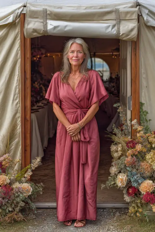 Mature woman wearing a deep rose A-line dress with modest neckline and flutter sleeves, standing at the entrance of a wedding tent surrounded by early fall decor