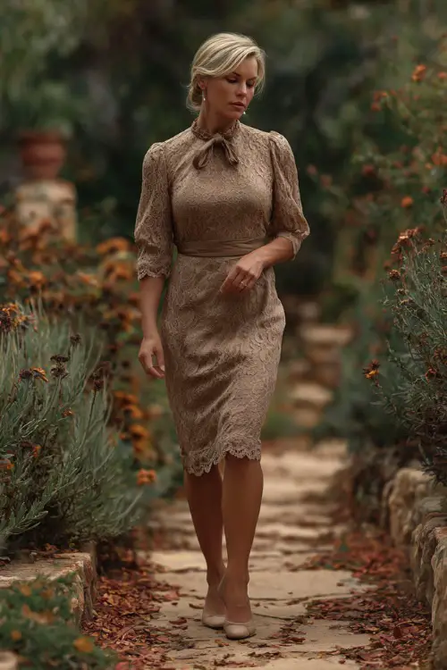 Mature woman wearing a taupe lace dress with modest neckline and scalloped sleeves, walking near a garden path with rust-colored petals and eucalyptus 