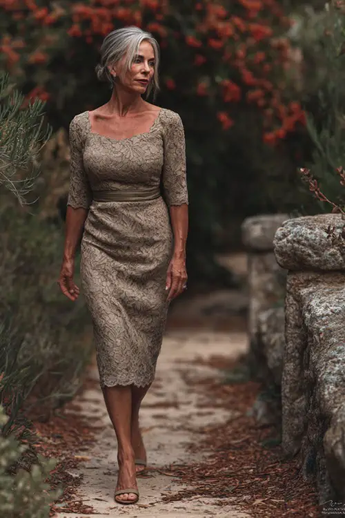 Mature woman wearing a taupe lace dress with modest neckline and scalloped sleeves, walking near a garden path with rust-colored petals and eucalyptus