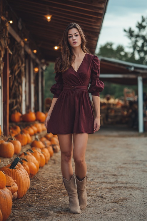 Petite woman in a burgundy fit-and-flare dress with three-quarter sleeves and a belted waist, wearing suede boots, standing near a pumpkin-lined path at a rustic October wedding 