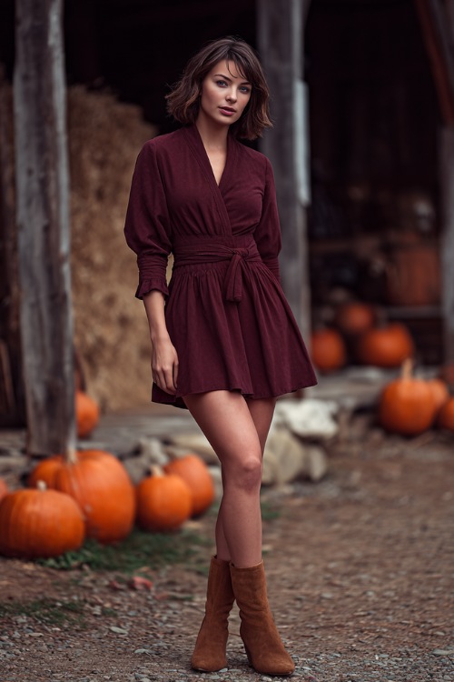 Petite woman in a burgundy fit-and-flare dress with three-quarter sleeves and a belted waist, wearing suede boots, standing near a pumpkin-lined path at a rustic October wedding