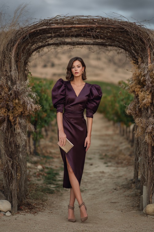Petite woman in a dark plum satin midi dress with a slit and puff sleeves, holding a small clutch and standing near a vineyard arch with dried florals