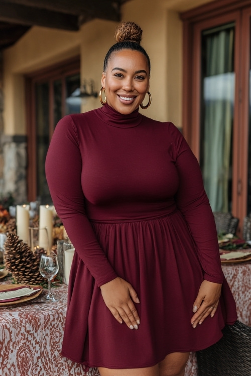Plus-size woman in a burgundy mock-neck fit-and-flare dress with long sleeves and gold hoops, posing beside an outdoor reception table decorated with pinecones and candle