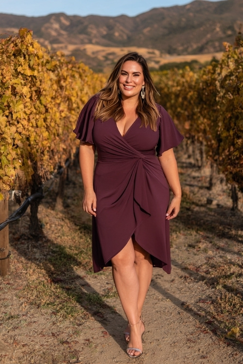 Plus-size woman in a dark rose wrap-style midi dress with flutter sleeves and a high-low hem, styled with metallic heels and simple earrings 