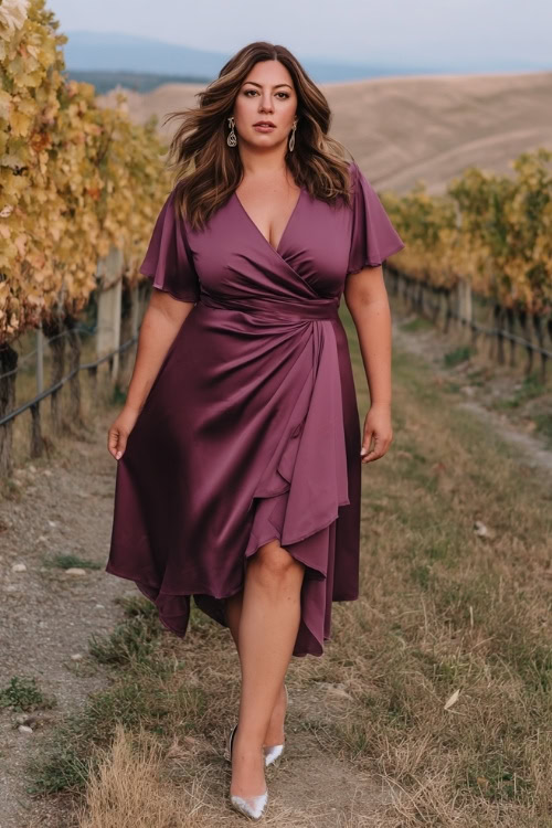 Plus-size woman in a dark rose wrap-style midi dress with flutter sleeves and a high-low hem, styled with metallic heels and simple earrings 