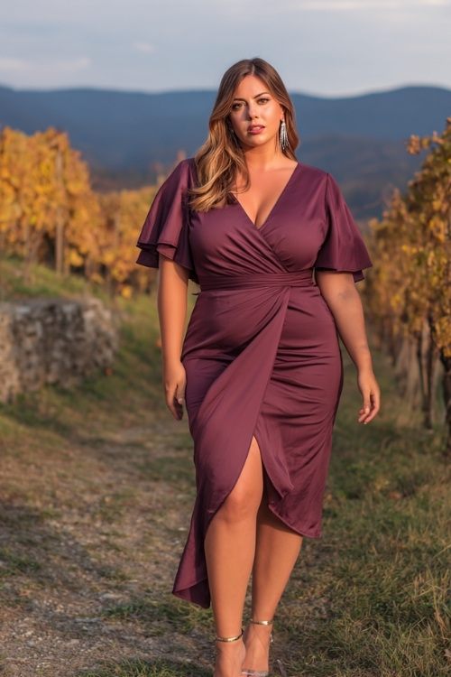 Plus-size woman in a dark rose wrap-style midi dress with flutter sleeves and a high-low hem, styled with metallic heels and simple earrings