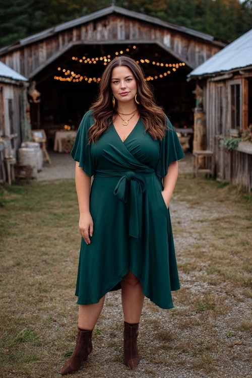 Plus-size woman in a forest green A-line dress with flutter sleeves and a flowy midi hem, styled with gold accessories and heeled boots 