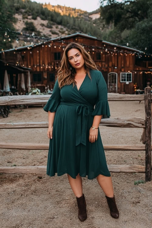 Plus-size woman in a forest green A-line dress with flutter sleeves and a flowy midi hem, styled with gold accessories and heeled boots