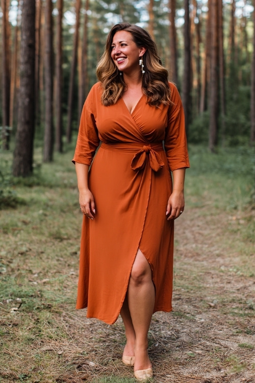 Plus-size woman wearing a burnt sienna midi wrap dress with side slit and three-quarter sleeves, styled with pearl earrings and closed-toe heels