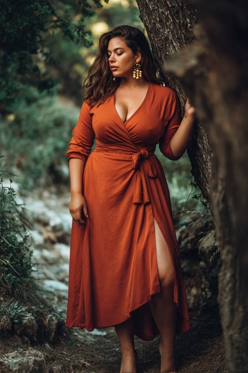 Plus-size woman wearing a burnt sienna midi wrap dress with side slit and three-quarter sleeves, styled with pearl earrings and closed-toe heels 