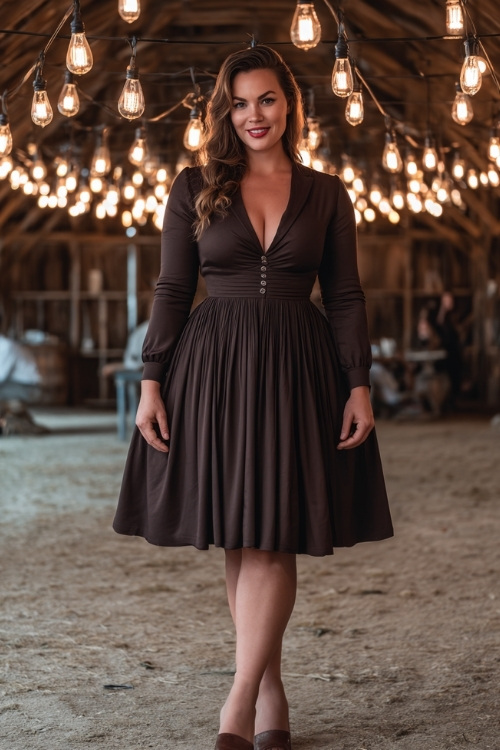 Plus-size woman wearing a dark chocolate long-sleeve midi dress with a pleated skirt and slingback heels, standing under hanging lights at a barn-style reception 