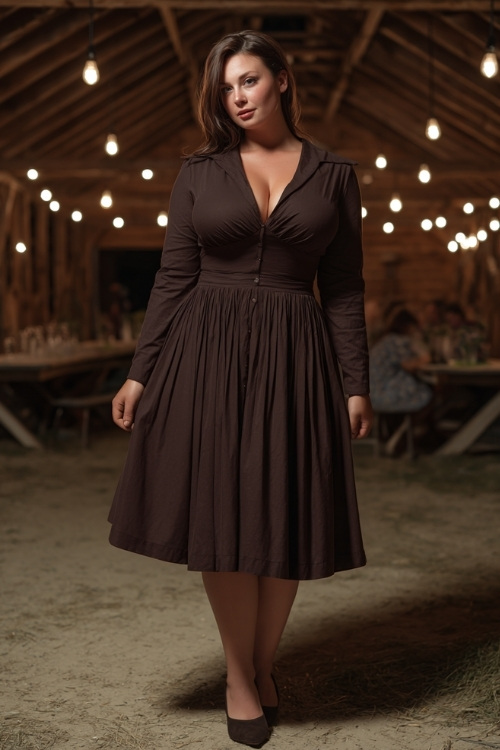 Plus-size woman wearing a dark chocolate long-sleeve midi dress with a pleated skirt and slingback heels, standing under hanging lights at a barn-style reception 