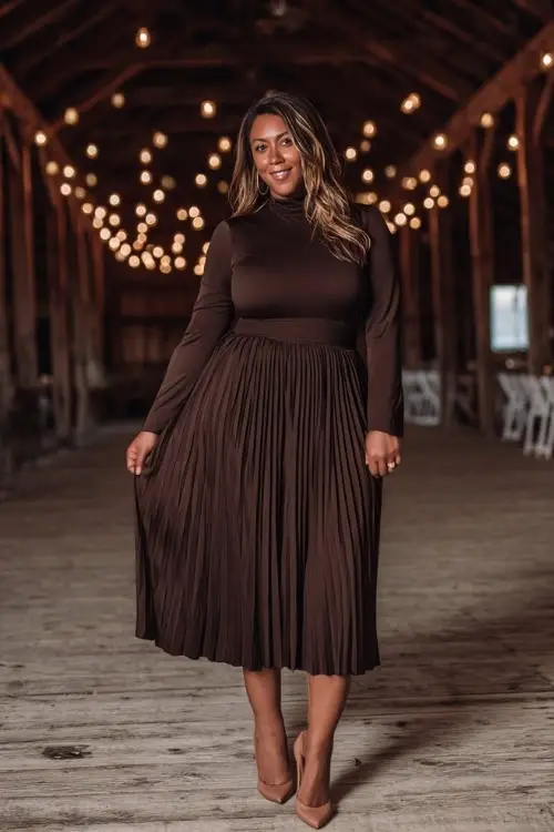 Plus-size woman wearing a dark chocolate long-sleeve midi dress with a pleated skirt and slingback heels, standing under hanging lights at a barn-style reception 