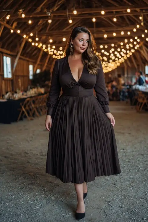 Plus-size woman wearing a dark chocolate long-sleeve midi dress with a pleated skirt and slingback heels, standing under hanging lights at a barn-style reception 