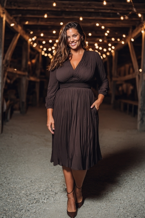 Plus-size woman wearing a dark chocolate long-sleeve midi dress with a pleated skirt and slingback heels, standing under hanging lights at a barn-style reception