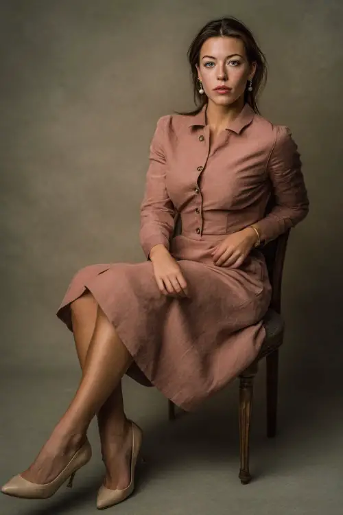 Professional old money look featuring a woman in a dusty rose buttoned midi dress with long sleeves, pointed heels, and pearl drop earrings, posed in clean studio background