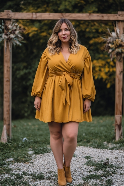 Stylish plus-size woman wearing a mustard yellow A-line dress with puff sleeves and a tied waist, paired with suede booties, posing in front of a wooden wedding arch and maple trees 