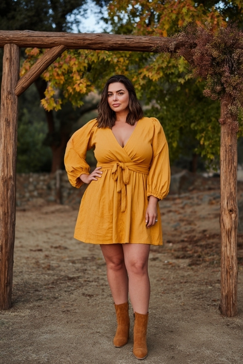 Stylish plus-size woman wearing a mustard yellow A-line dress with puff sleeves and a tied waist, paired with suede booties, posing in front of a wooden wedding arch and maple trees 