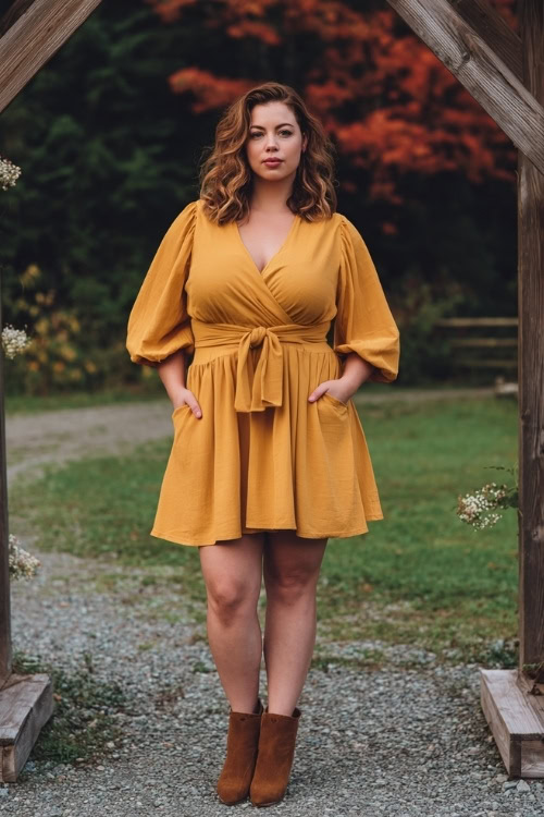 Stylish plus-size woman wearing a mustard yellow A-line dress with puff sleeves and a tied waist, paired with suede booties, posing in front of a wooden wedding arch and maple trees 