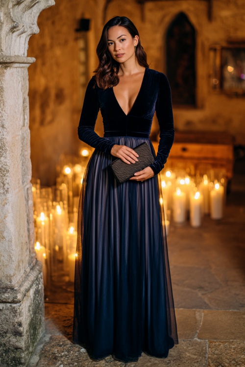 Stylish woman in a long sleeve navy gown with velvet bodice and chiffon skirt, holding a matching clutch, standing in a historic venue with fall candle arrangements 