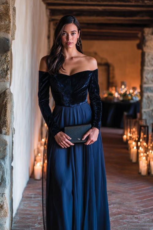 Stylish woman in a long sleeve navy gown with velvet bodice and chiffon skirt, holding a matching clutch, standing in a historic venue with fall candle arrangements