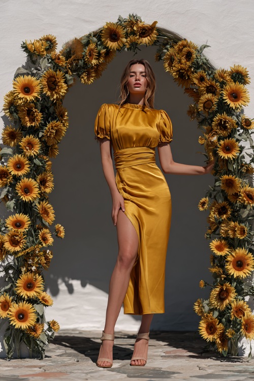 Stylish woman in a marigold short-sleeve satin midi dress with a subtle slit, paired with block heels, posing in front of a boho wedding arch surrounded by sunflowers
