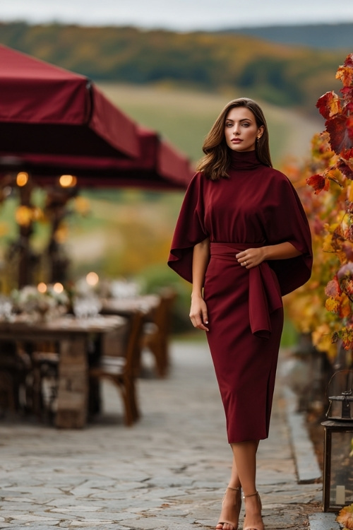 Stylish woman in a maroon midi dress with cape sleeves and a satin belt, wearing open-toe heels, standing beside a vineyard with fall foliage and wedding décor 