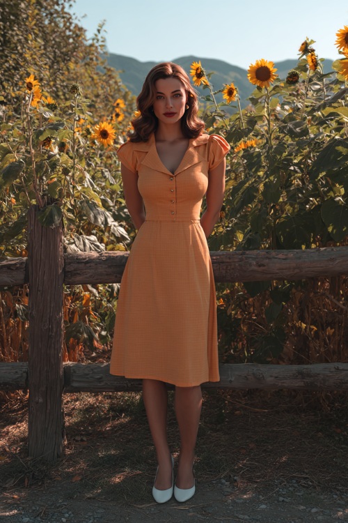 Stylish woman in a pale orange tea-length dress with cap sleeves and fitted waist, paired with white block heels, standing in front of a rustic fence with sunflowers and fall greenery