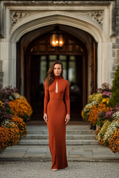 Stylish woman in a rust-colored high-neck formal dress with a keyhole cutout and long sleeves, standing at a grand estate entrance surrounded by fall florals and soft uplighting 