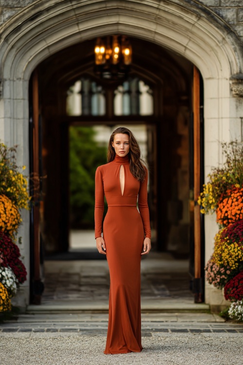 Stylish woman in a rust-colored high-neck formal dress with a keyhole cutout and long sleeves, standing at a grand estate entrance surrounded by fall florals and soft uplighting 
