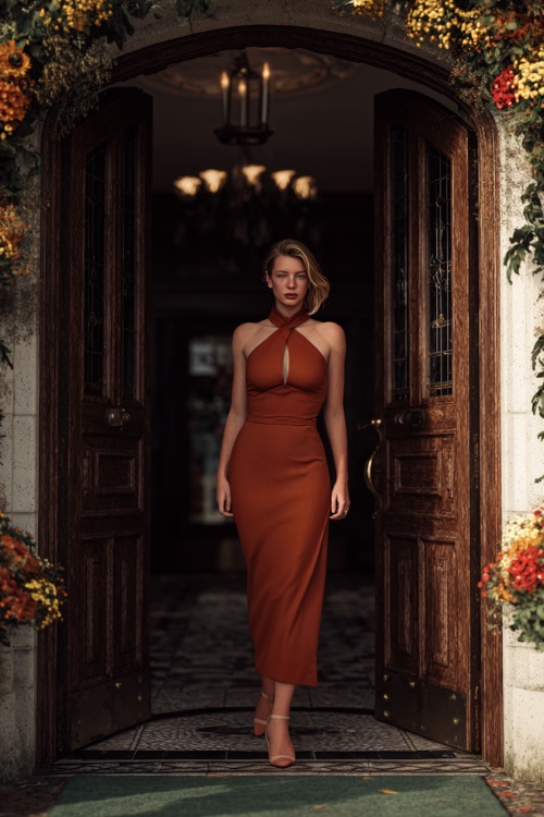 Stylish woman in a rust-colored high-neck formal dress with a keyhole cutout and long sleeves, standing at a grand estate entrance surrounded by fall florals and soft uplighting 