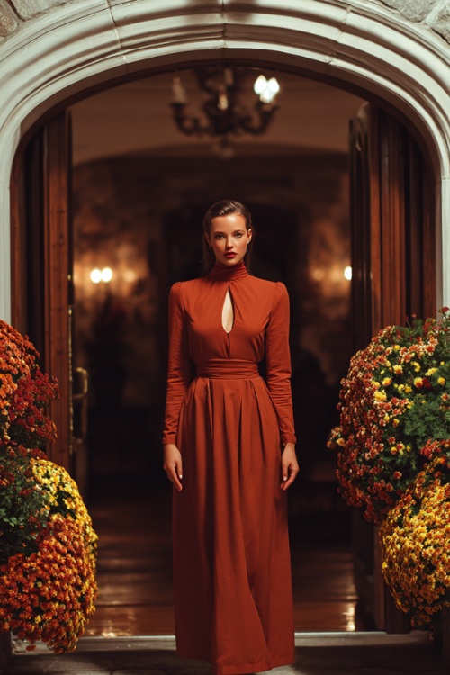 Stylish woman in a rust-colored high-neck formal dress with a keyhole cutout and long sleeves, standing at a grand estate entrance surrounded by fall florals and soft uplighting