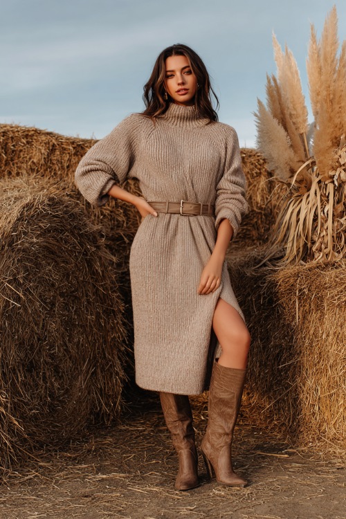 Stylish woman in a taupe mock neck sweater dress with belt, midi hem, and brown heeled boots, posing next to hay bales and pampas grass arrangements at a cozy farm wedding