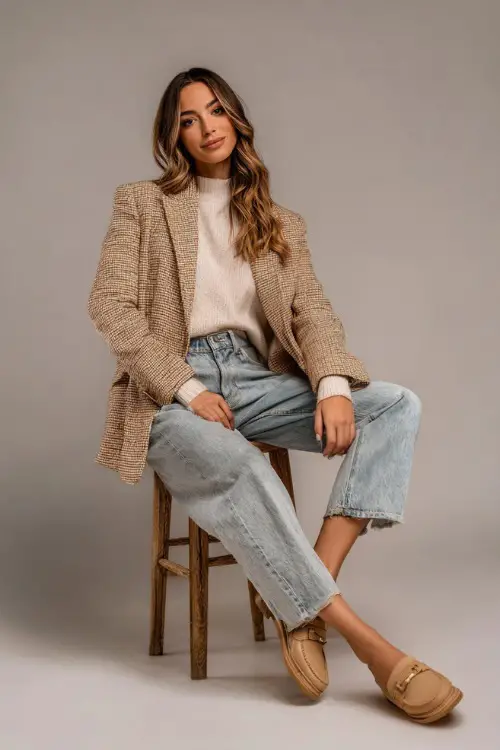 Stylish woman in a tweed blazer with a light beige sweater, high-waisted jeans, and tan loafers, full-body in an elegant fall studio setup 