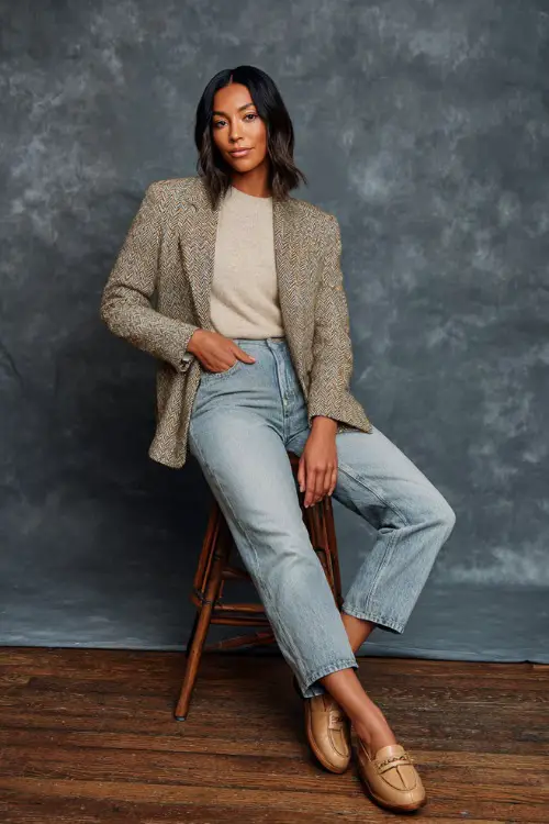 Stylish woman in a tweed blazer with a light beige sweater, high-waisted jeans, and tan loafers, full-body in an elegant fall studio setup