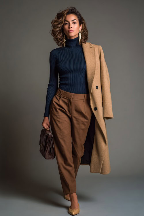 Stylish woman in chocolate brown trousers with a tucked-in navy turtleneck, camel coat over her arm, accessorized with gold earrings and flats 